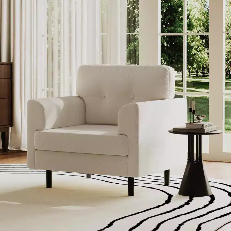 Sillón tapizado de lino verde/blanco, asiento individual, para sala de estar y dormitorio