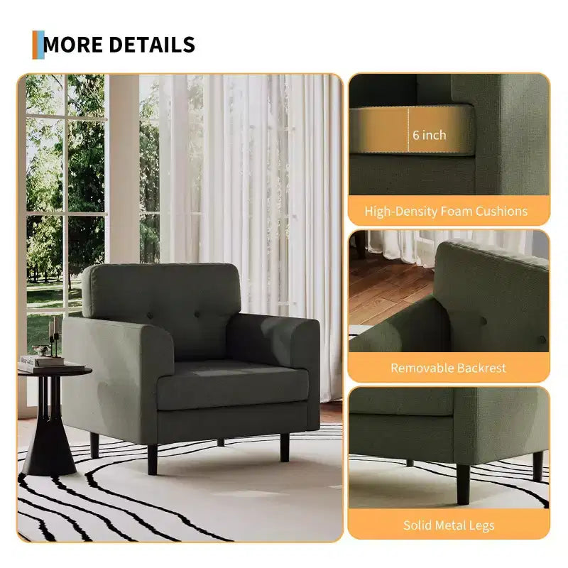 Sillón tapizado de lino verde/blanco, asiento individual, para sala de estar y dormitorio