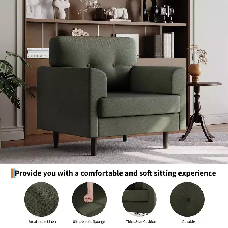 Sillón tapizado de lino verde/blanco, asiento individual, para sala de estar y dormitorio