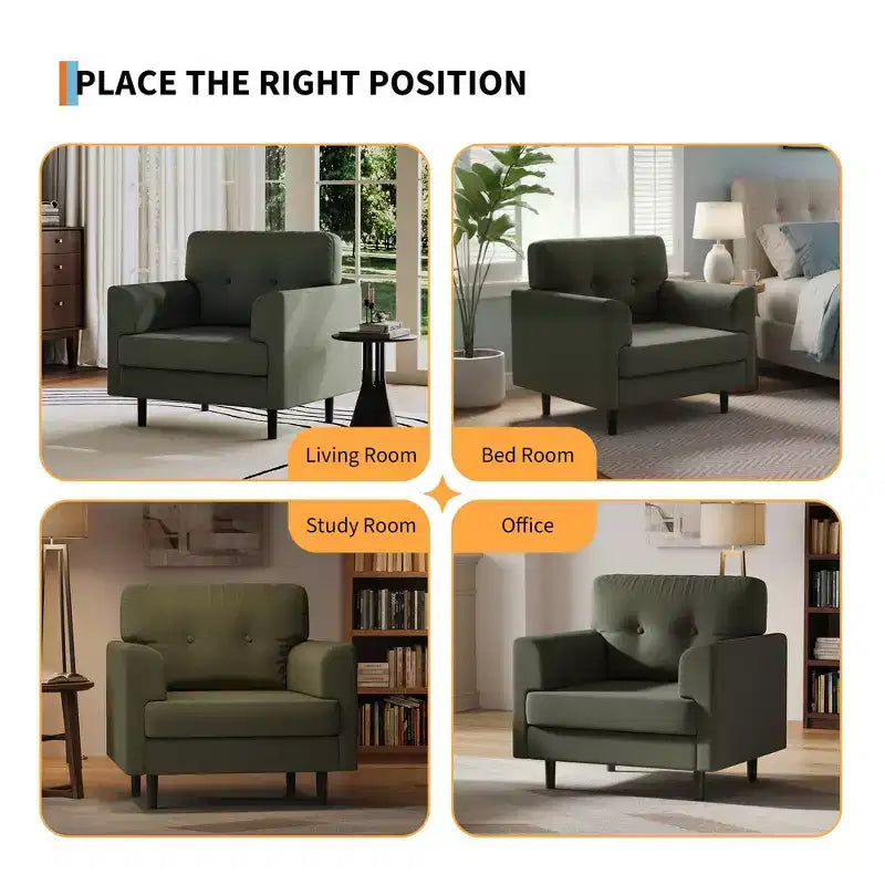 Sillón tapizado de lino verde/blanco, asiento individual, para sala de estar y dormitorio