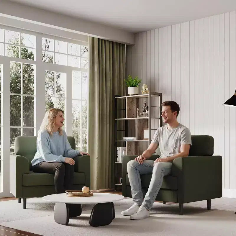Sillón tapizado de lino verde/blanco, asiento individual, para sala de estar y dormitorio