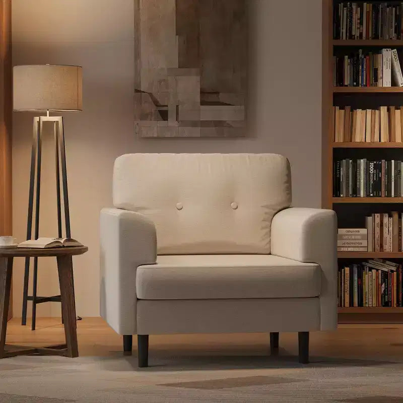 Sillón tapizado de lino verde/blanco, asiento individual, para sala de estar y dormitorio