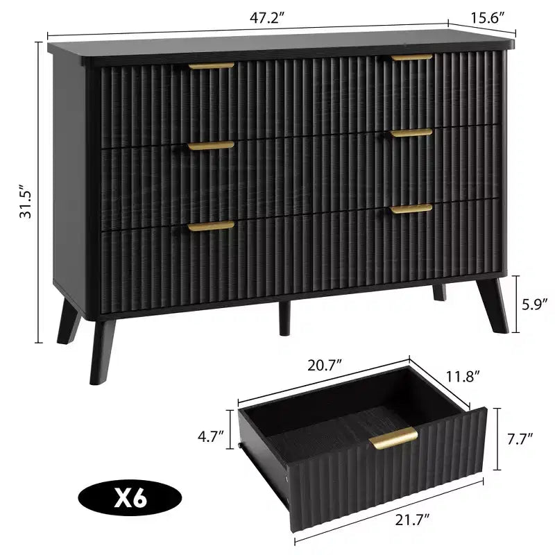 Cómoda de 6 cajones negra estriada – Madera de ingeniería, uso individual