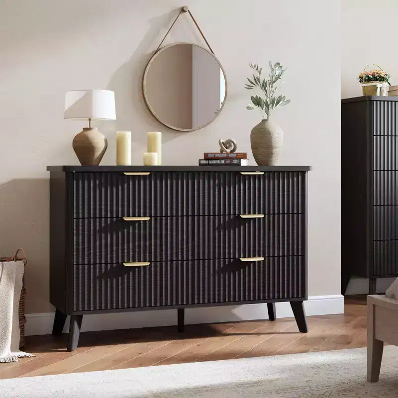 Cómoda de 6 cajones negra estriada – Madera de ingeniería, uso individual