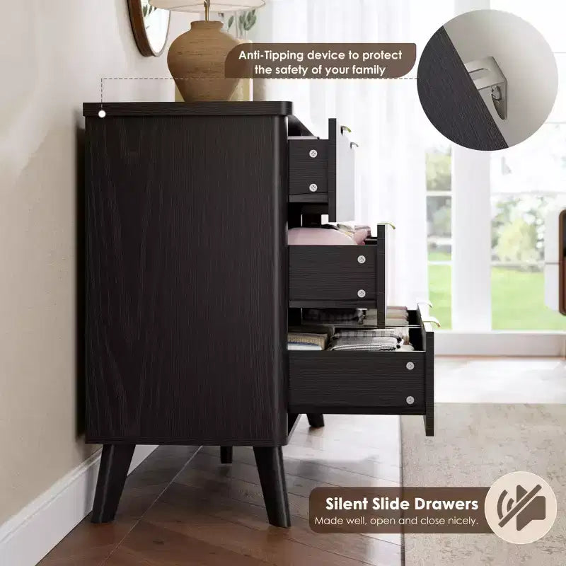 Cómoda de 6 cajones negra estriada – Madera de ingeniería, uso individual