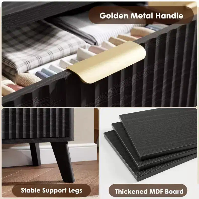 Cómoda de 6 cajones negra estriada – Madera de ingeniería, uso individual