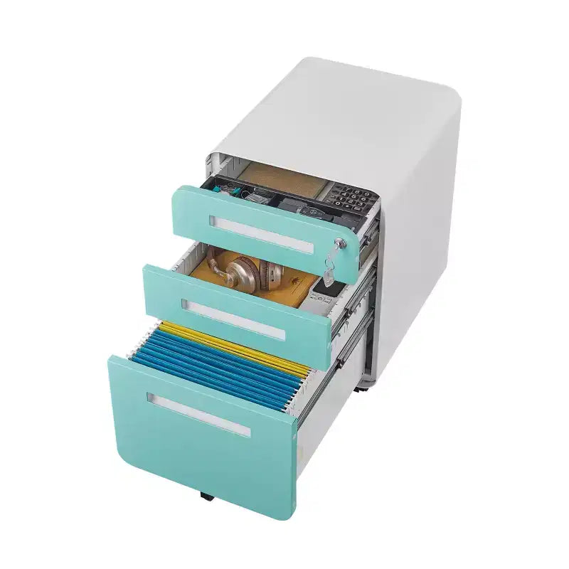 Archivador rodante de 3 cajones con cerradura – Negro/Azul/Naranja/Blanco, debajo del escritorio, 1 usuario