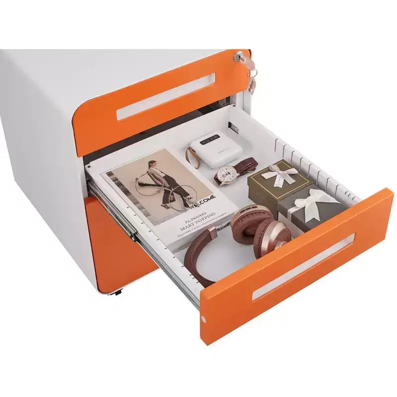 Archivador rodante de 3 cajones con cerradura – Negro/Azul/Naranja/Blanco, debajo del escritorio, 1 usuario