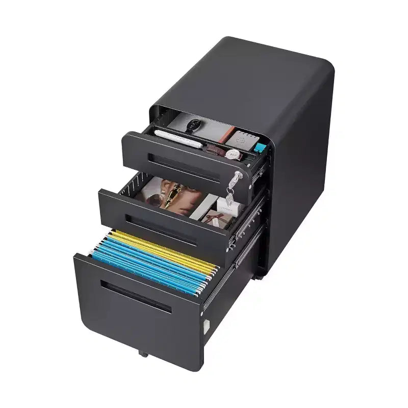 Archivador rodante de 3 cajones con cerradura – Negro/Azul/Naranja/Blanco, debajo del escritorio, 1 usuario