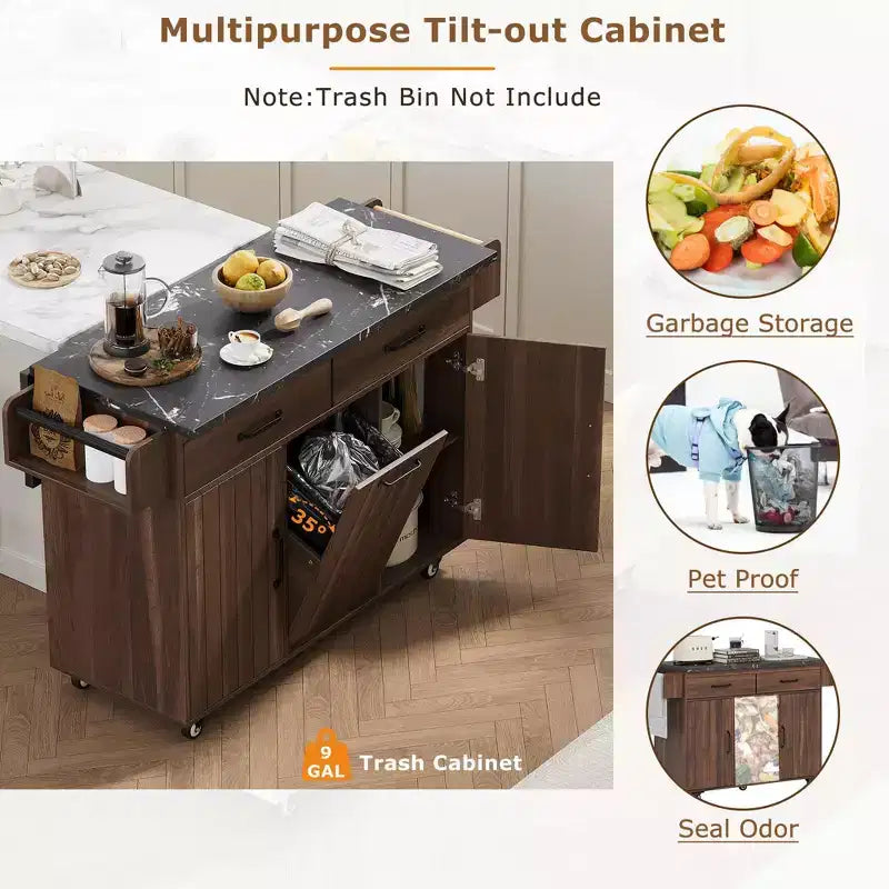 Isla de cocina con ruedas de nogal con cubo de basura abatible, 1 persona