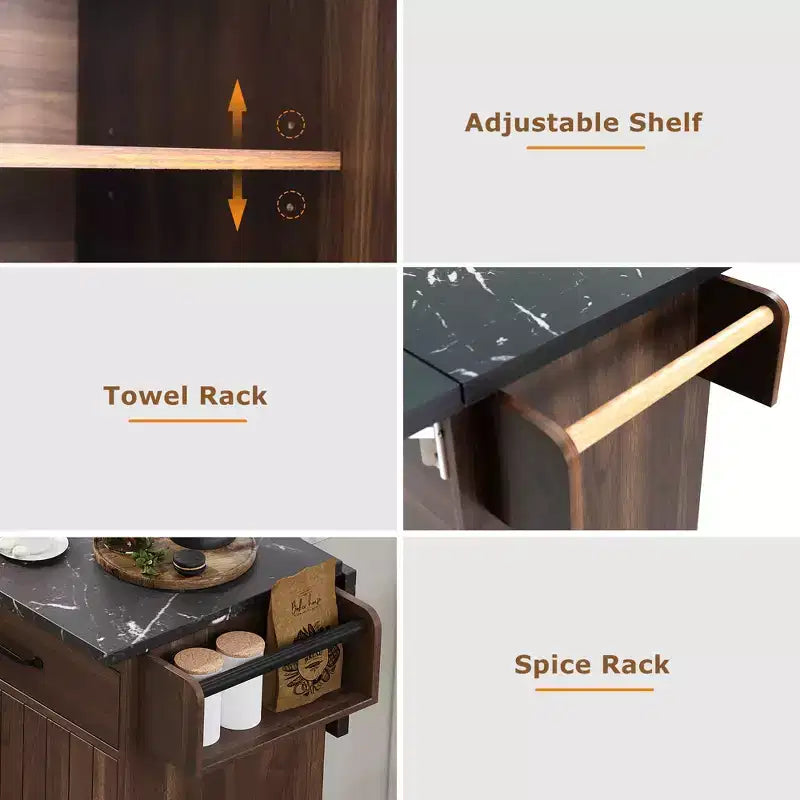 Isla de cocina con ruedas de nogal con cubo de basura abatible, 1 persona