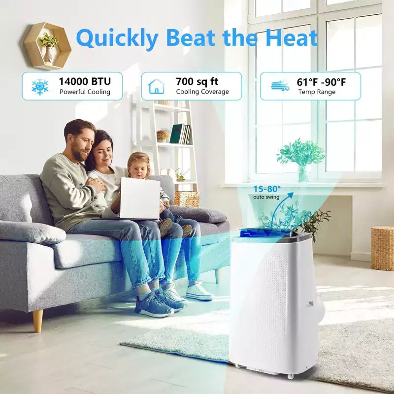 Climatiseur portable 14 000 BTU - Refroidissement, déshumidificateur et ventilateur pour 65 m² avec télécommande et oscillation automatique, garantie d'un an