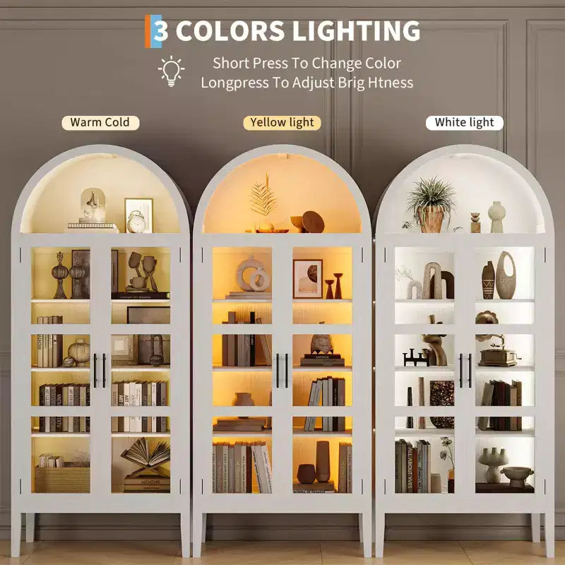 Armario de almacenamiento, negro/blanco, estilo arqueado, individual, 180 cm de alto con luces LED y puertas de cristal