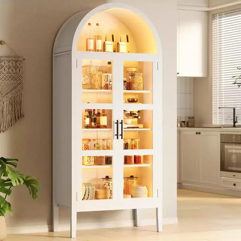 Armario de almacenamiento, negro/blanco, estilo arqueado, individual, 180 cm de alto con luces LED y puertas de cristal