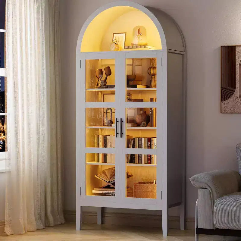 Armario de almacenamiento, negro/blanco, estilo arqueado, individual, 180 cm de alto con luces LED y puertas de cristal
