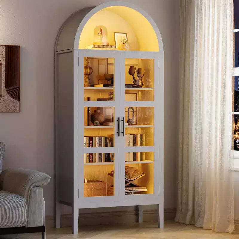 Armario de almacenamiento, negro/blanco, estilo arqueado, individual, 180 cm de alto con luces LED y puertas de cristal