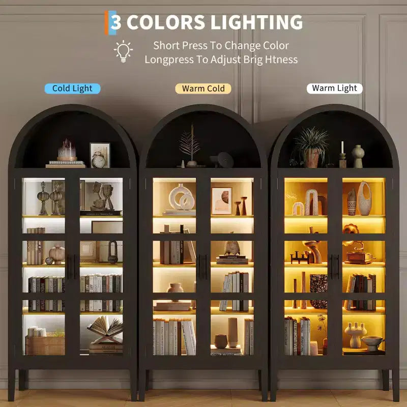 Armario de almacenamiento, negro/blanco, estilo arqueado, individual, 180 cm de alto con luces LED y puertas de cristal