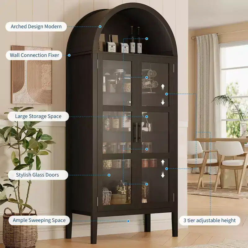 Armario de almacenamiento, negro/blanco, estilo arqueado, individual, 180 cm de alto con luces LED y puertas de cristal