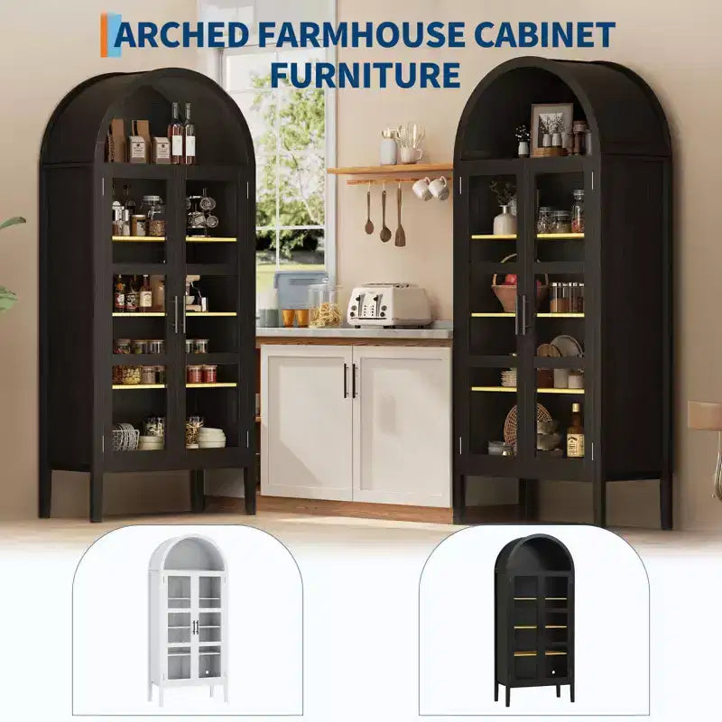 Armario de almacenamiento, negro/blanco, estilo arqueado, individual, 180 cm de alto con luces LED y puertas de cristal