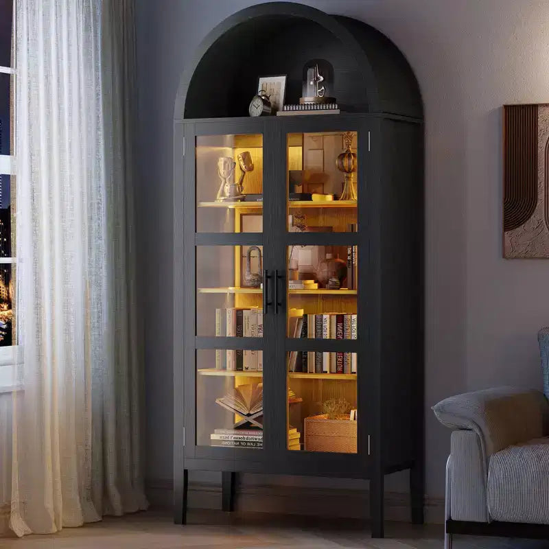 Armario de almacenamiento, negro/blanco, estilo arqueado, individual, 180 cm de alto con luces LED y puertas de cristal