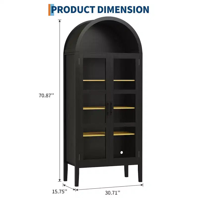 Armario de almacenamiento, negro/blanco, estilo arqueado, individual, 180 cm de alto con luces LED y puertas de cristal