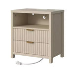 Fluted Nightstand with Charging Station 19.7 Inch Modern Bedside Table with 2 Wood Slide Drawers Open Shelf USB Ports Outlets Bedroom End Table White