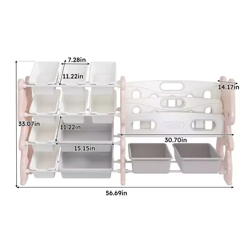 Organizador de almacenamiento rosa de 2 niveles para niños con 12 cubos, para 1+ niño