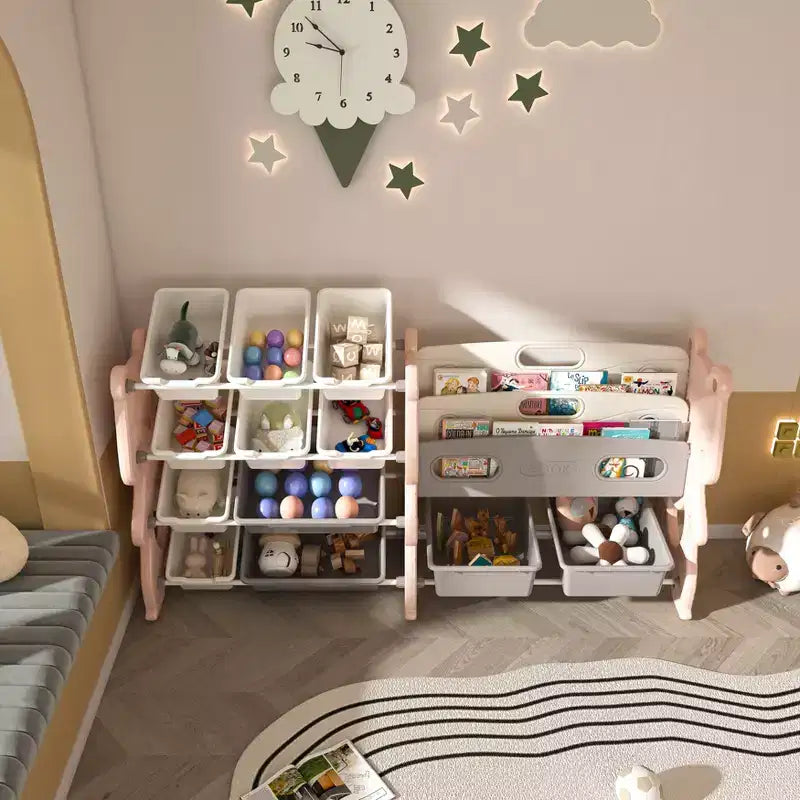 Organizador de almacenamiento rosa de 2 niveles para niños con 12 cubos, para 1+ niño