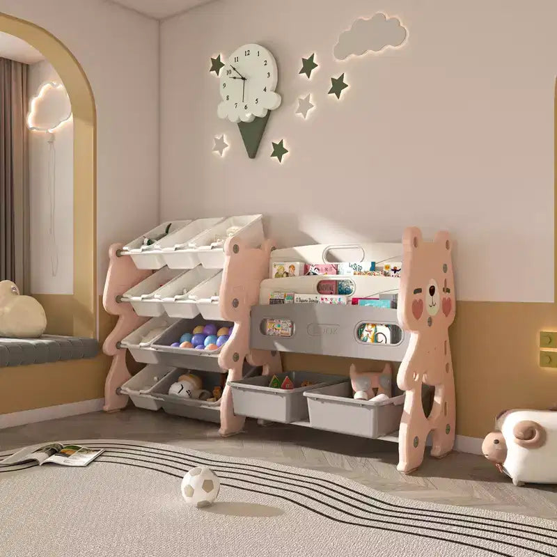 Organizador de almacenamiento rosa de 2 niveles para niños con 12 cubos, para 1+ niño