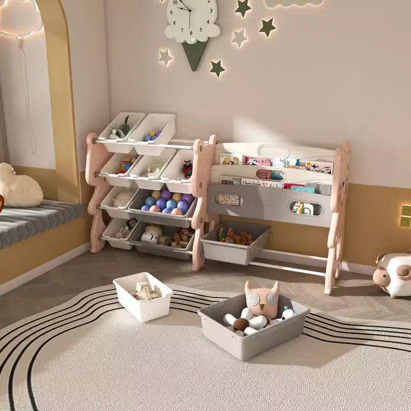 Organizador de almacenamiento rosa de 2 niveles para niños con 12 cubos, para 1+ niño