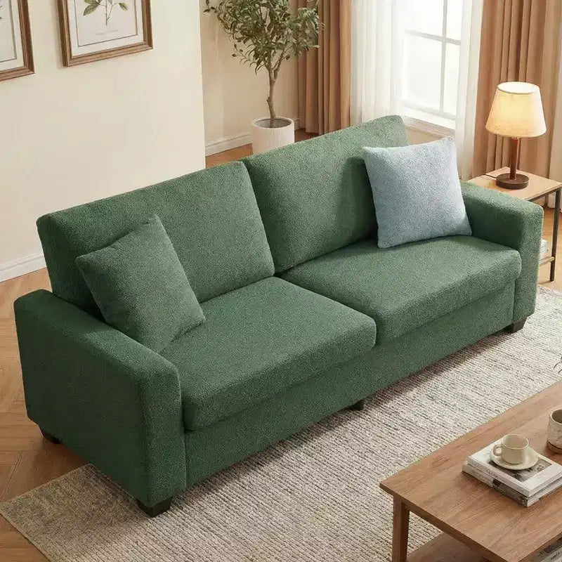 Sofá de 3 plazas de terciopelo beige/verde con reposabrazos anchos y respaldo de cojines