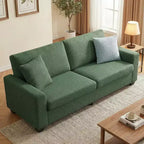 Sofá de 3 plazas de terciopelo beige/verde con reposabrazos anchos y respaldo de cojines