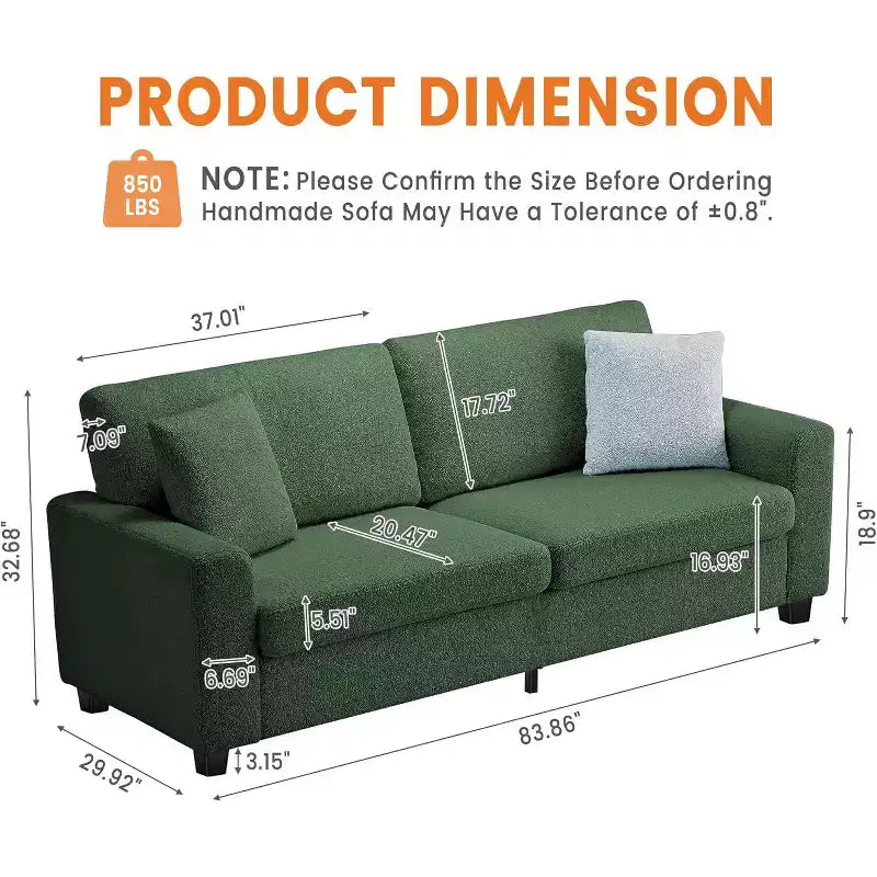Sofá de 3 plazas de terciopelo beige/verde con reposabrazos anchos y respaldo de cojines