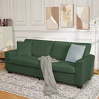 Sofá de 3 plazas de terciopelo beige/verde con reposabrazos anchos y respaldo de cojines