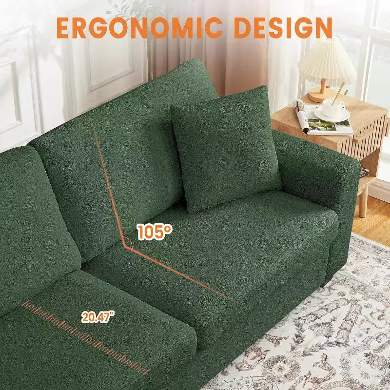 Sofá de 3 plazas de terciopelo beige/verde con reposabrazos anchos y respaldo de cojines
