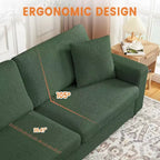 Sofá de 3 plazas de terciopelo beige/verde con reposabrazos anchos y respaldo de cojines