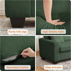 Sofá de 3 plazas de terciopelo beige/verde con reposabrazos anchos y respaldo de cojines