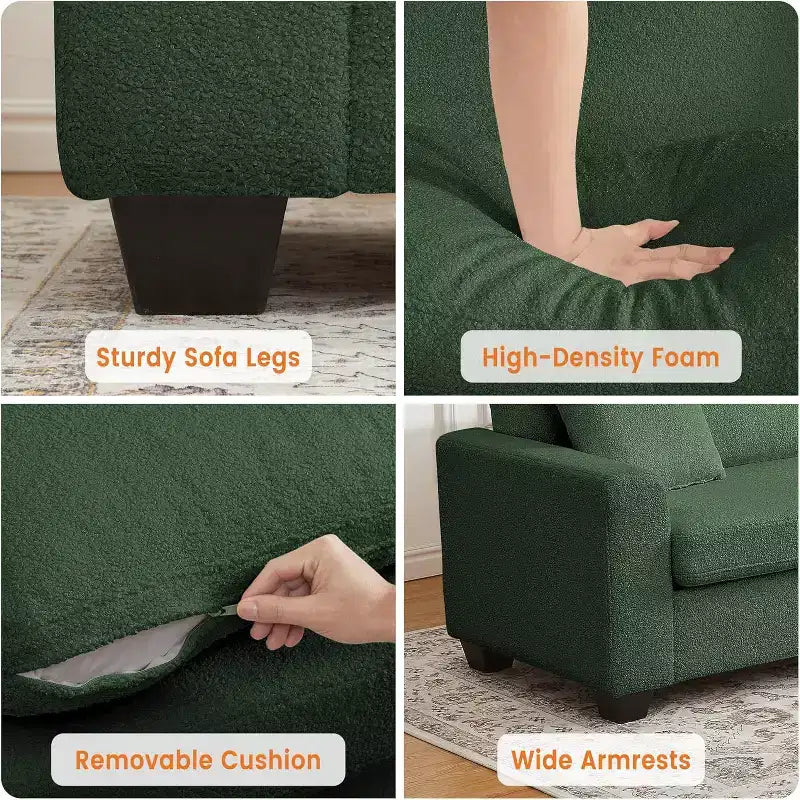 Sofá de 3 plazas de terciopelo beige/verde con reposabrazos anchos y respaldo de cojines