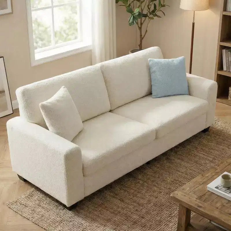Sofá de 3 plazas de terciopelo beige/verde con reposabrazos anchos y respaldo de cojines