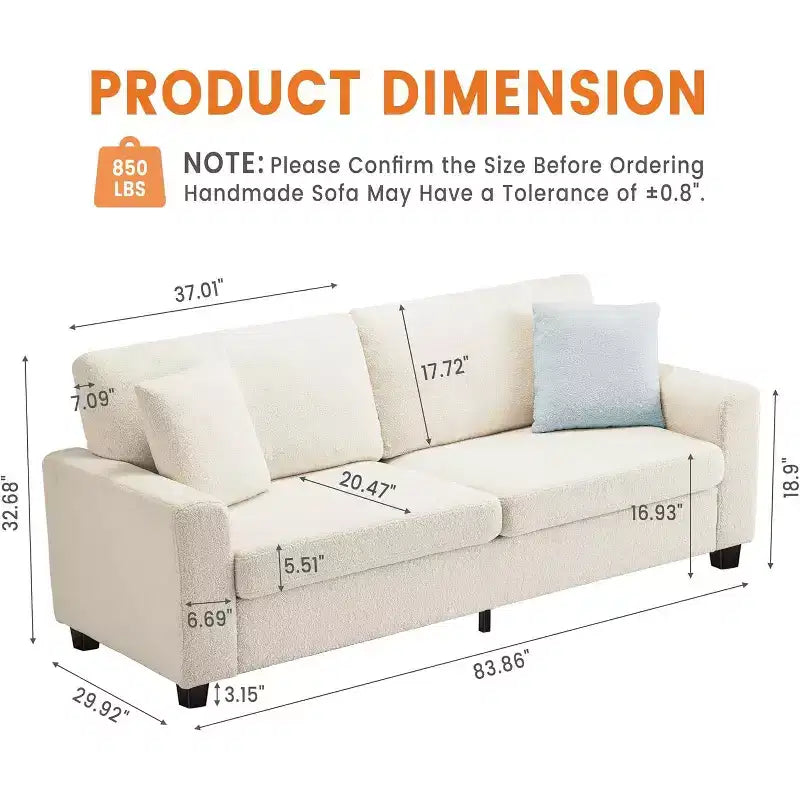 Sofá de 3 plazas de terciopelo beige/verde con reposabrazos anchos y respaldo de cojines