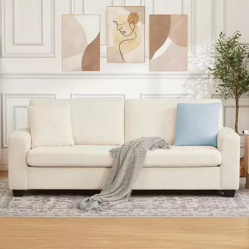Sofá de 3 plazas de terciopelo beige/verde con reposabrazos anchos y respaldo de cojines