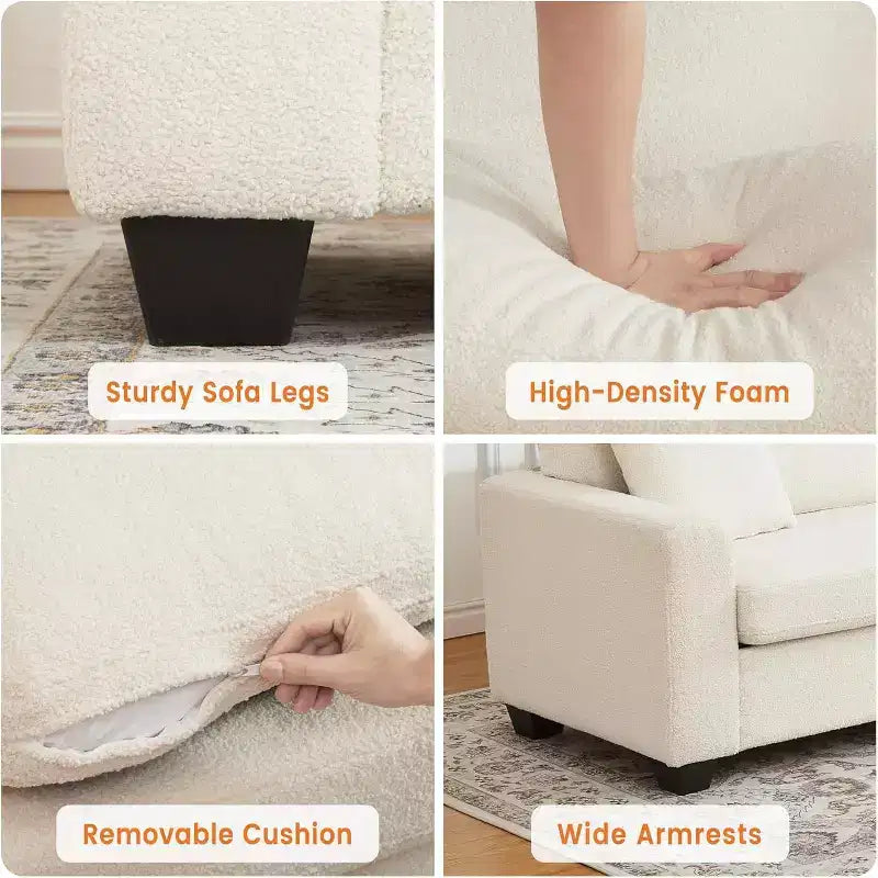 Sofá de 3 plazas de terciopelo beige/verde con reposabrazos anchos y respaldo de cojines