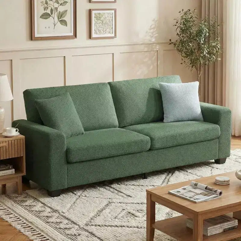 Sofá de 3 plazas de terciopelo beige/verde con reposabrazos anchos y respaldo de cojines