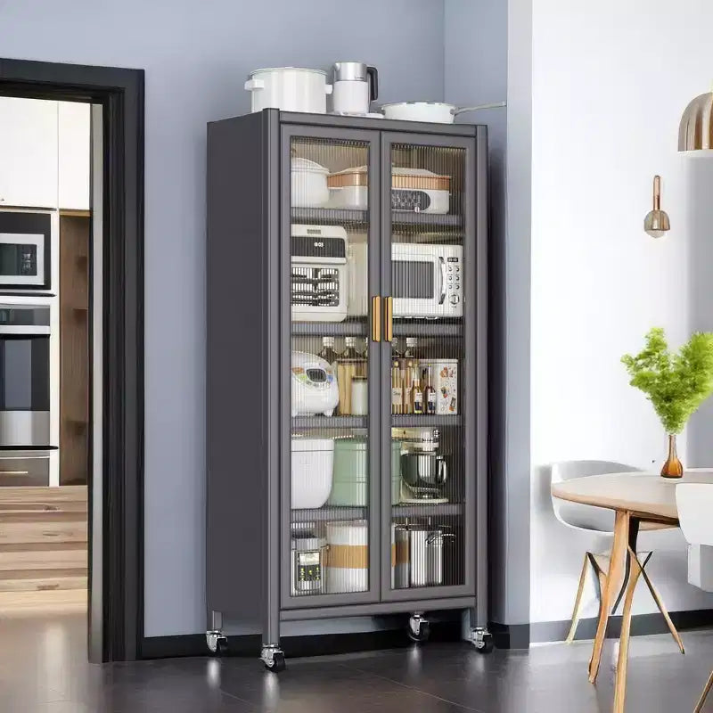 Estantería de almacenamiento de cocina multi-nivel gris con puertas y ruedas