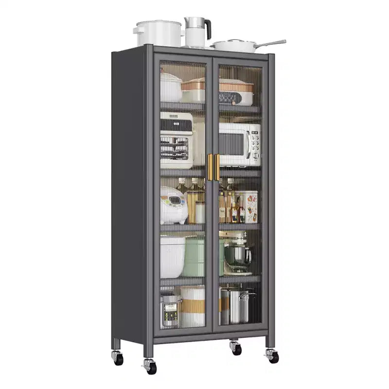Estantería de almacenamiento de cocina multi-nivel gris con puertas y ruedas