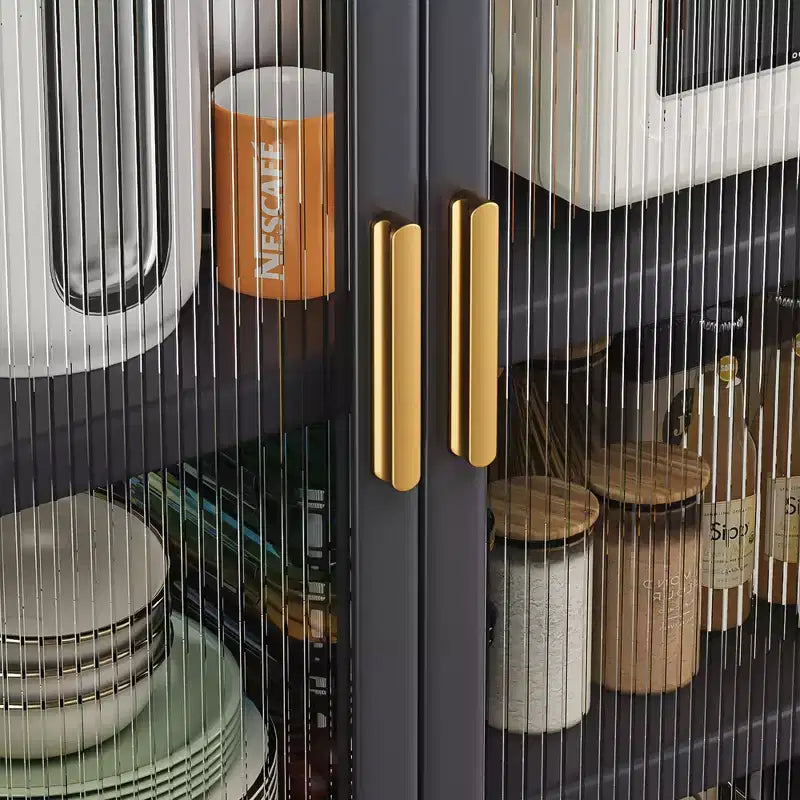 Estantería de almacenamiento de cocina multi-nivel gris con puertas y ruedas