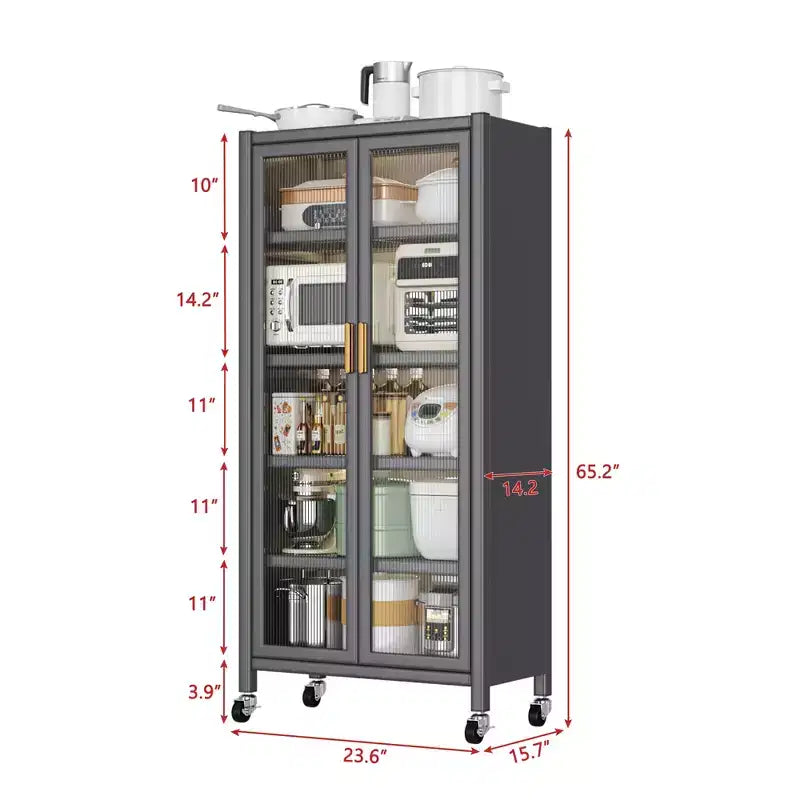 Estantería de almacenamiento de cocina multi-nivel gris con puertas y ruedas