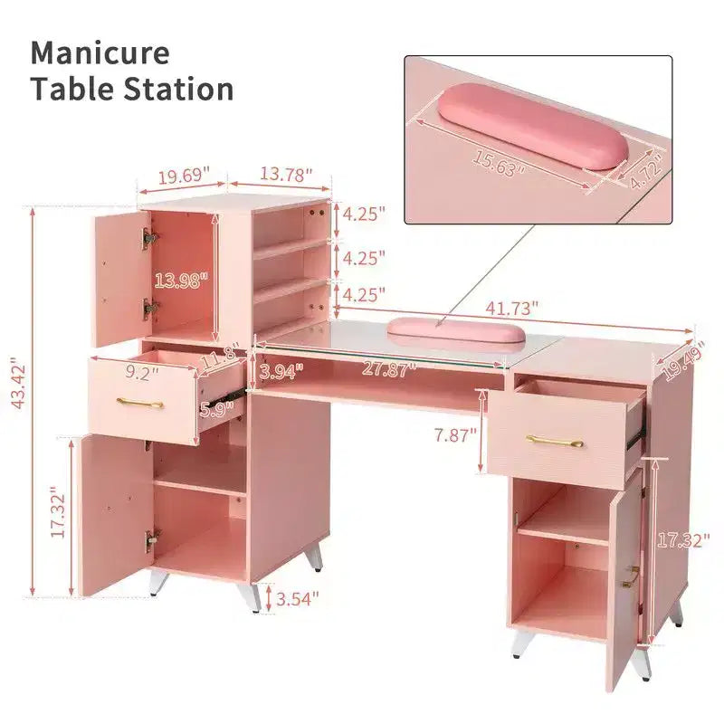 Escritorio de manicura moderno negro/rosa con superficie de cristal y reposamuñecas, estación individual