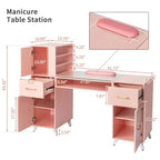 Escritorio de manicura moderno negro/rosa con superficie de cristal y reposamuñecas, estación individual