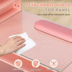 Escritorio de manicura moderno negro/rosa con superficie de cristal y reposamuñecas, estación individual